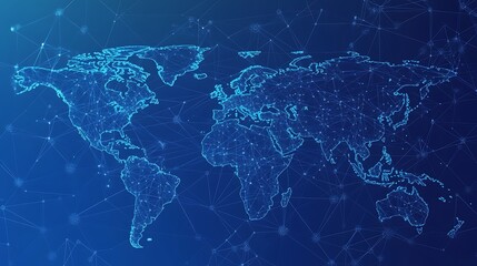 A blue, wireframe world map displays global interconnectedness. 