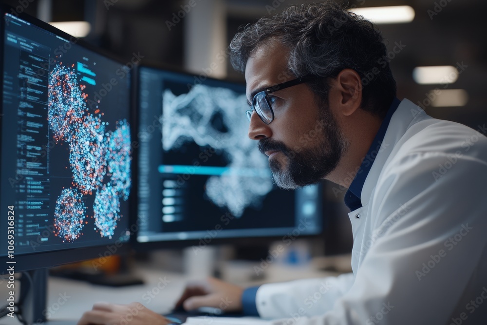 Poster a scientist in a lab coat intently studies complex data visualizations on dual screens, capturing th