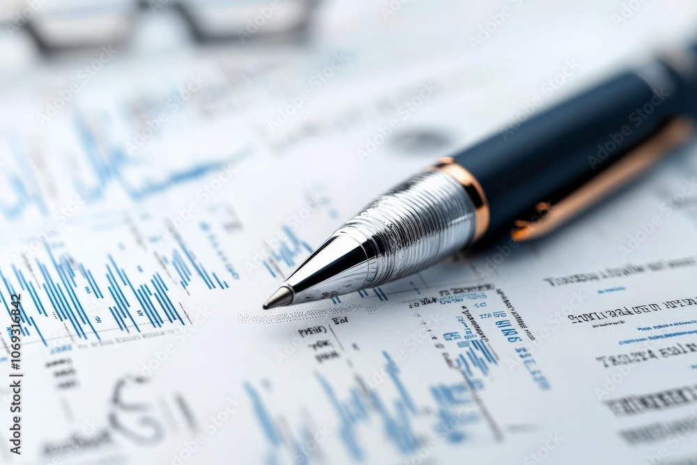 Poster a sleek pen placed on a detailed chart filled with graphs and figures, representing financial analys