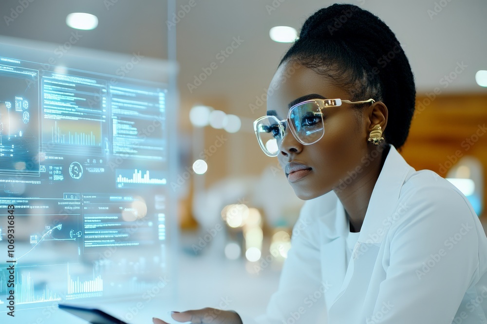 Poster a focused researcher in a lab coat analyzing data on futuristic digital screens, highlighting advanc