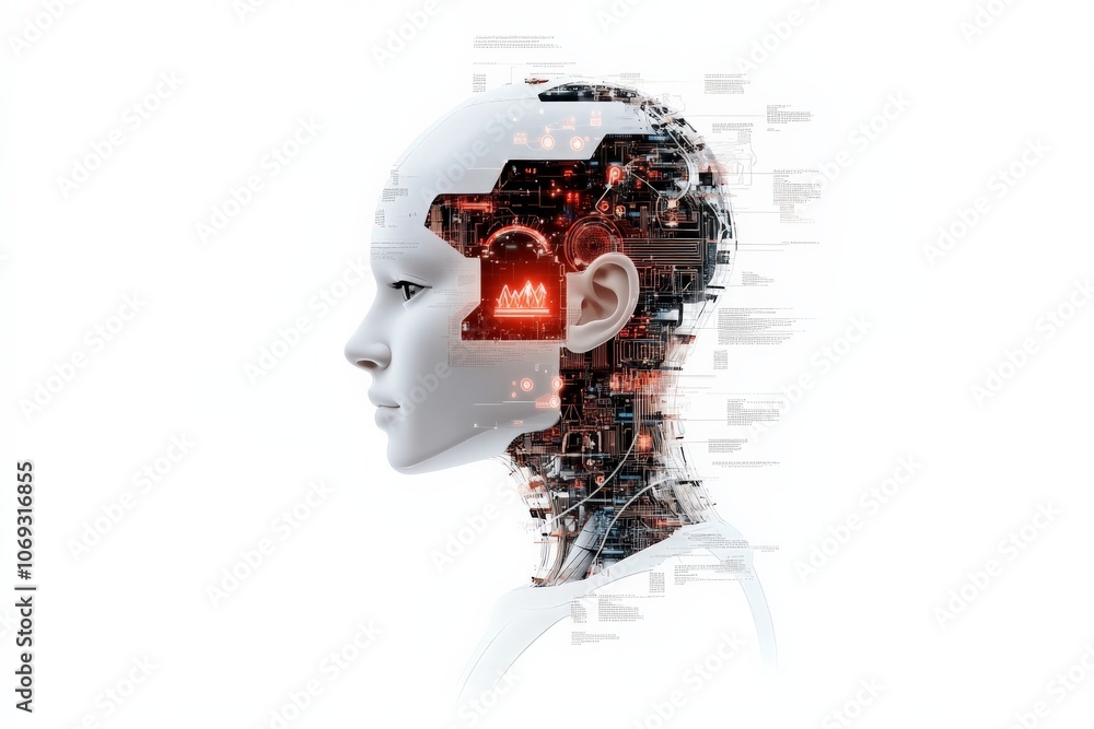 Poster a detailed depiction of a futuristic robot head, integrating intricate circuits symbolizing the comp