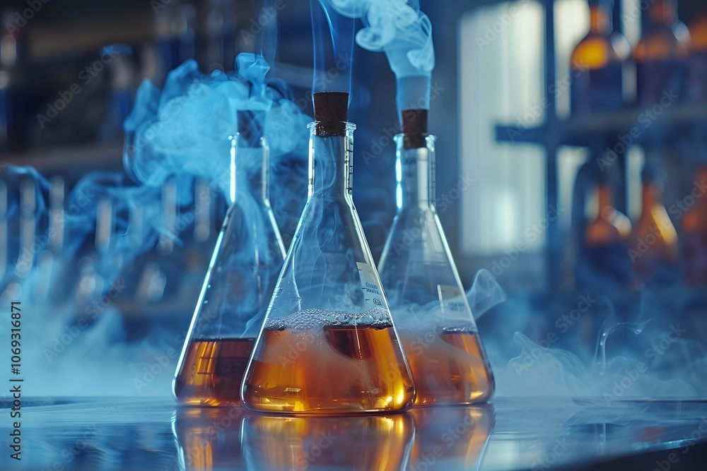 Poster mysterious laboratory experiment with bubbling flasks and vapor