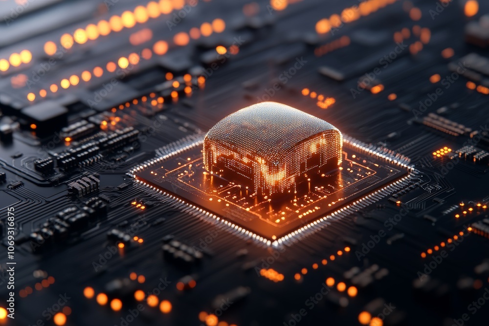Poster a glowing central processor on a high-tech circuit board illuminated by ambient light, representing 