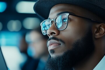 A close-up portrait of a thoughtful man, donning stylish eyeglasses, reflecting a computer screen, highlighting introspection and focus in a modern workspace.