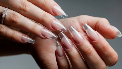 French Glass Nails on Both Hands with Clear Acrylic Design
