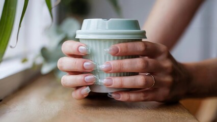 French Glass Nails Holding Pastel Green Ceramic Cup, Closeup
