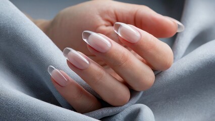 Closeup of French Glass Nails with Hand Resting on Soft Fabric

