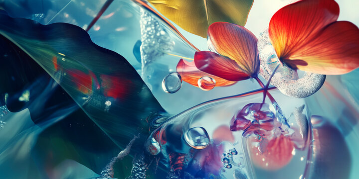 Abstraction. flowers and water. mix of classical and modern digital techniques bold futuristic color schemes complex playful styles contemporary art elegance cutting-edge visual. Generative Ai content