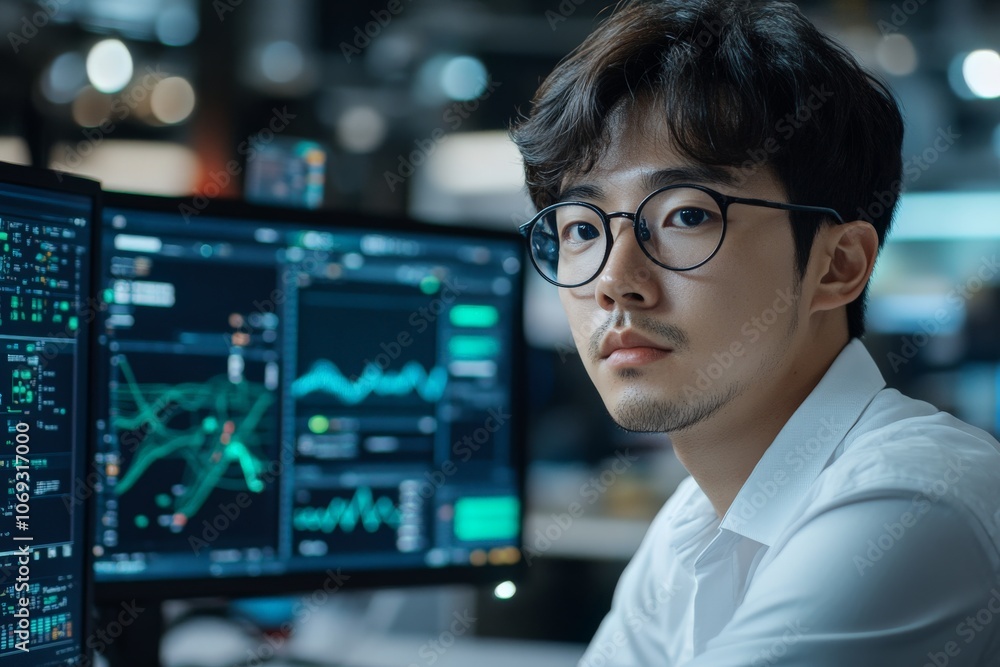 Poster a professional closely monitors complex financial graphs and data on multiple computer monitors, ill