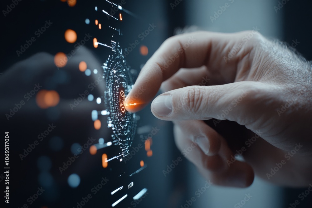 Poster a person interacts with a circular digital interface showcasing dynamic, luminous elements, illustra