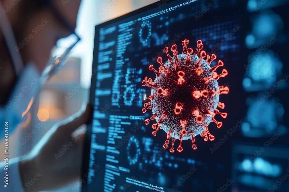 Poster a close-up view of a digital 3d model of a virus on a monitor, showcasing the intricate details used