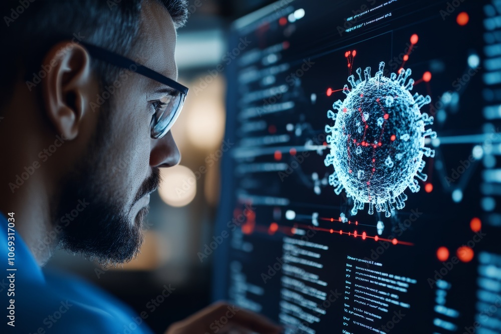 Poster a dedicated scientist analyzes a detailed virus model on a high-tech screen, focusing on research an