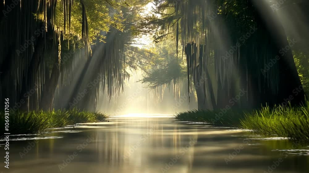 Poster sunlight streams through the trees, illuminating a calm river in a lush swamp
