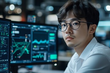 A professional closely monitors complex financial graphs and data on multiple computer monitors, illustrating financial analysis and decision-making processes.