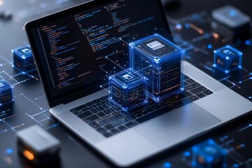Digital blocks are artistically represented above a laptop, symbolizing modern technology, computing power, and innovation in digital landscapes.