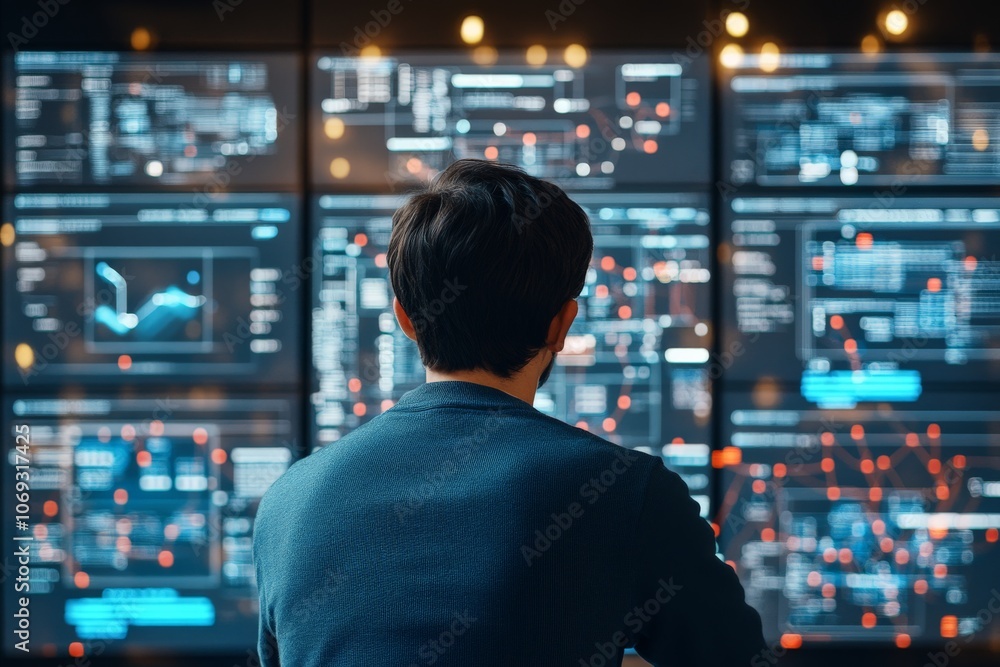 Poster a man is focused on analyzing multiple futuristic digital data screens, highlighting technology, ana