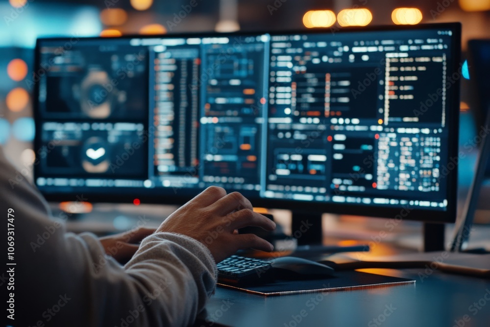 Poster a programmer is diligently working on code with dual monitors, symbolizing the digital infrastructur