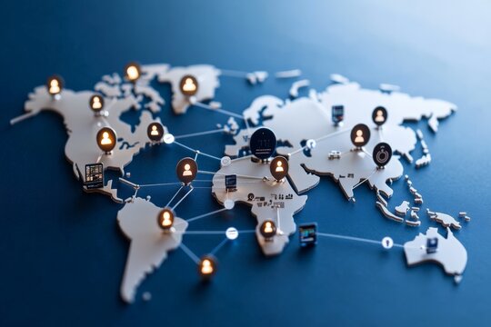 A stylized world map depicts a global communication network with interconnected nodes, emphasizing connectivity, globalization, and modern information exchange.