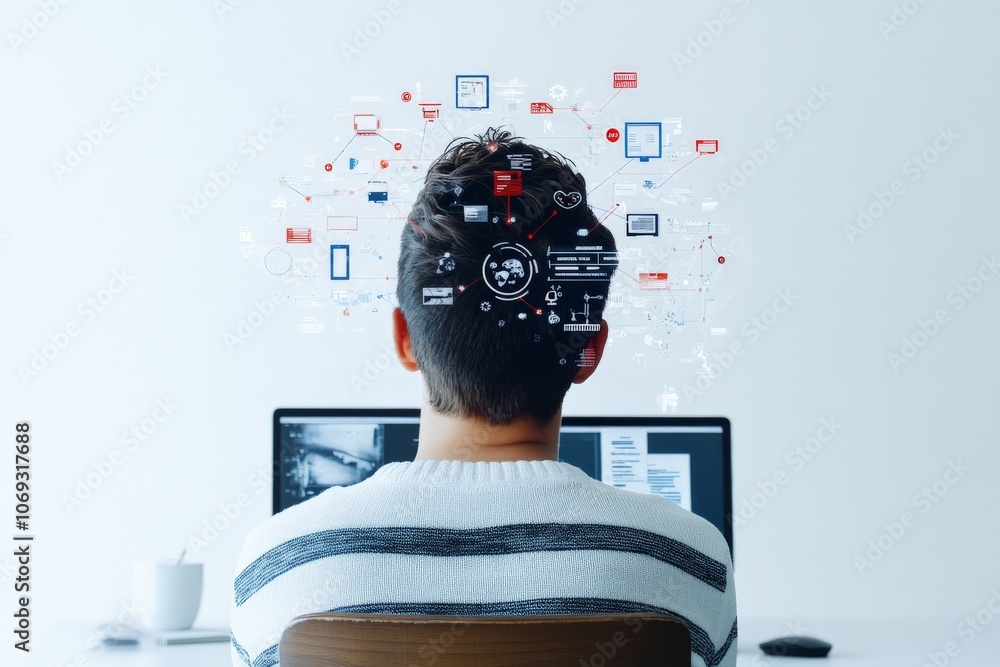 Poster an individual views a computer screen, surrounded by a concept map overlay signifying digital though