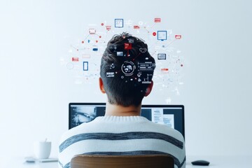 An individual views a computer screen, surrounded by a concept map overlay signifying digital thought processes, innovation, and the interconnected world of technology.