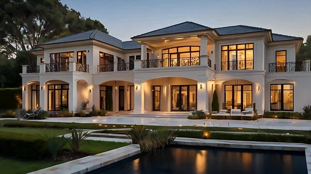 Cinematic view of a luxury home with pool