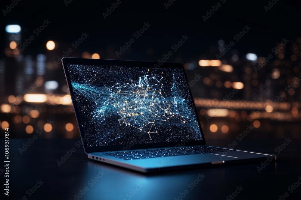 Poster a sleek laptop displaying a complex futuristic network diagram against a backdrop of city lights, sy