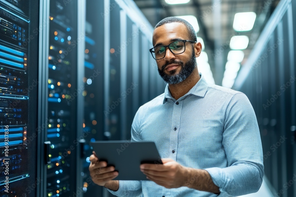 Poster an engineer in a server room checking on data panels with a tablet, exemplifying the management and 