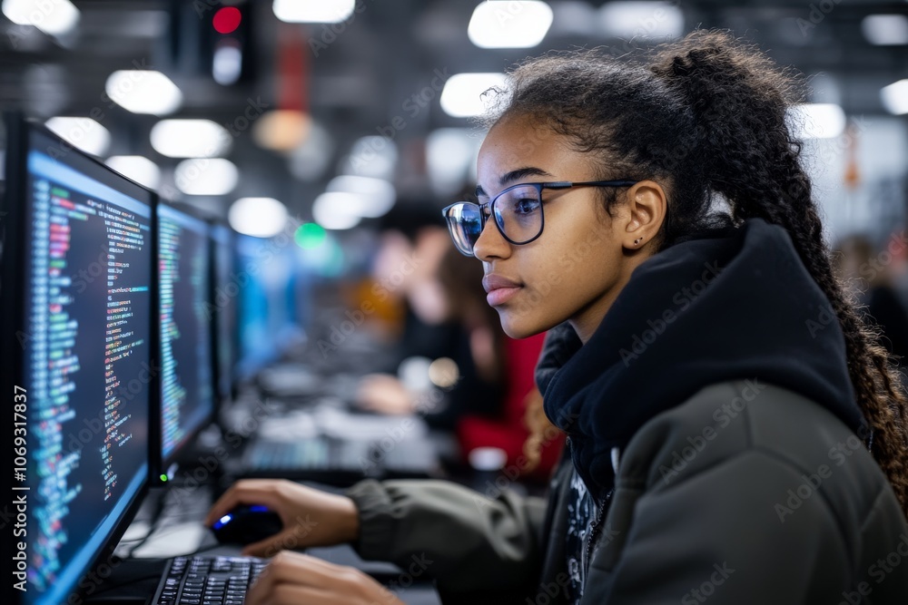 Poster a young woman engrossed in coding at her computer station, epitomizing dedication and the pursuit of