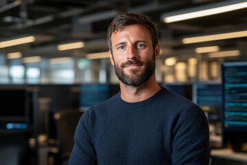Obraz premium A confident man in a dark sweater stands in a tech office, highlighting modern professionalism and leadership qualities in a high-tech environment.