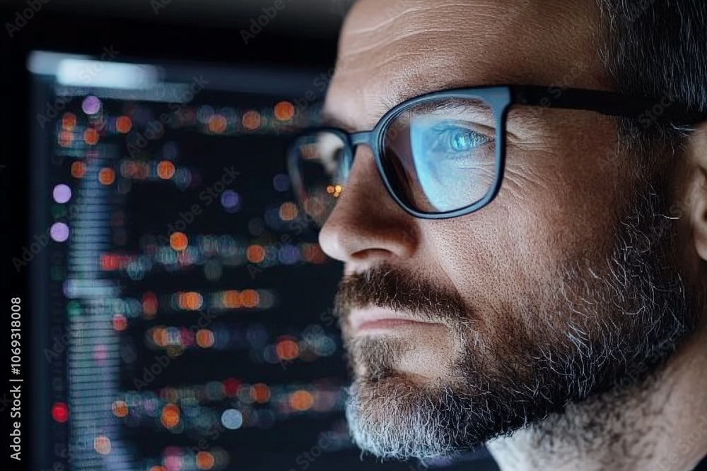 Poster a coder's profile is illuminated by code reflected in their glasses, showcasing a modern workplace a