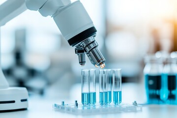 A close-up image captures a microscope examining test tubes filled with blue liquid, highlighting the meticulous nature of scientific research and experimentation.