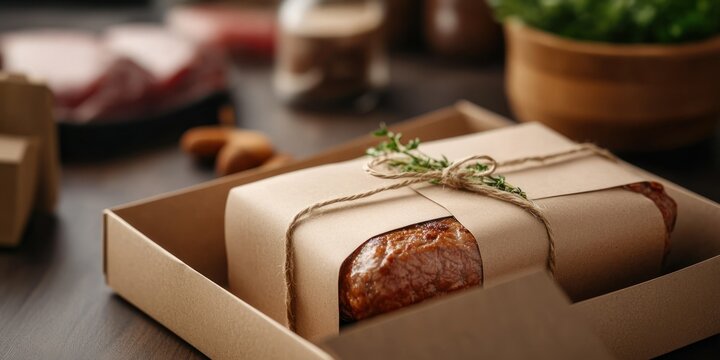 A beautifully wrapped package of farm-fresh meat showcases eco-friendly craft packaging. It is positioned on a rustic kitchen table surrounded by herbs and various ingredients emphasizing freshness
