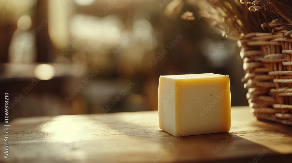 Aufkleber a square block of artisanal farm cheese rests on a rustic wooden table surrounded by a warm and invi