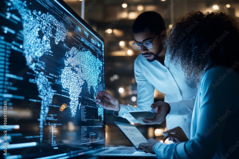 Poster two professionals engage with a digital world map on a large screen, exemplifying the fusion of tech
