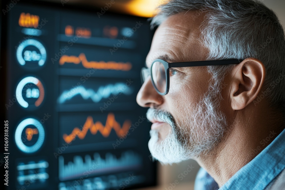 Poster a man closely examines digital data charts on a screen, representing the detailed work and analysis 