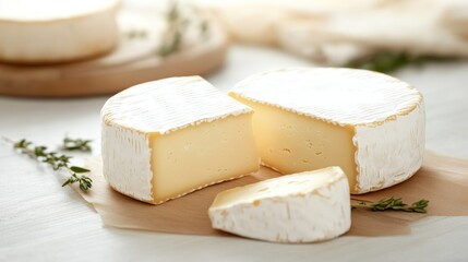 Artisanal farm cheese sits elegantly on a textured surface with a piece cut out to reveal its creamy interior