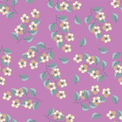 Flower garden wallpaper design vector prepared for textile printing. Seamless floral pattern with abstract hand drawn flower and leaf background elements in purple