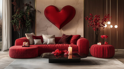 Luxurious romantic living room with red heart wall decor, plush sofa, and ambient lighting for Valentines Day vibe