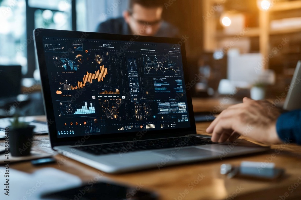 Poster a sleek laptop on a desk showcases futuristic data visualizations and analytics, reflecting the dyna