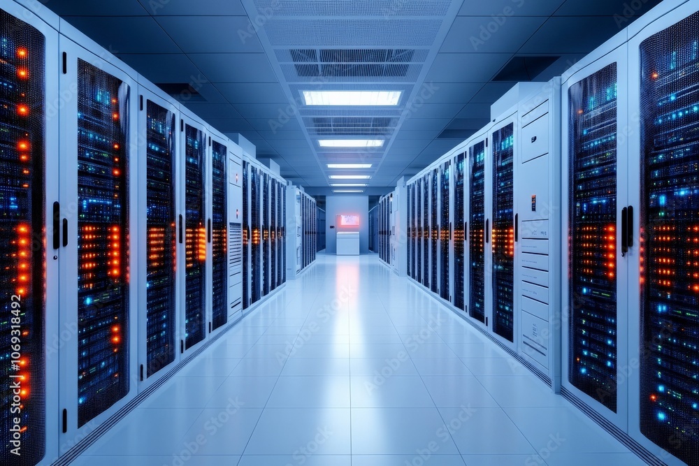 Poster a state-of-the-art data center features rows of servers with illuminated led indicators, reflecting 