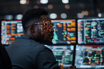A focused individual wearing digital eyewear analyzes numerous digital screens, engaging in high-tech surveillance or data monitoring in a modern control room.