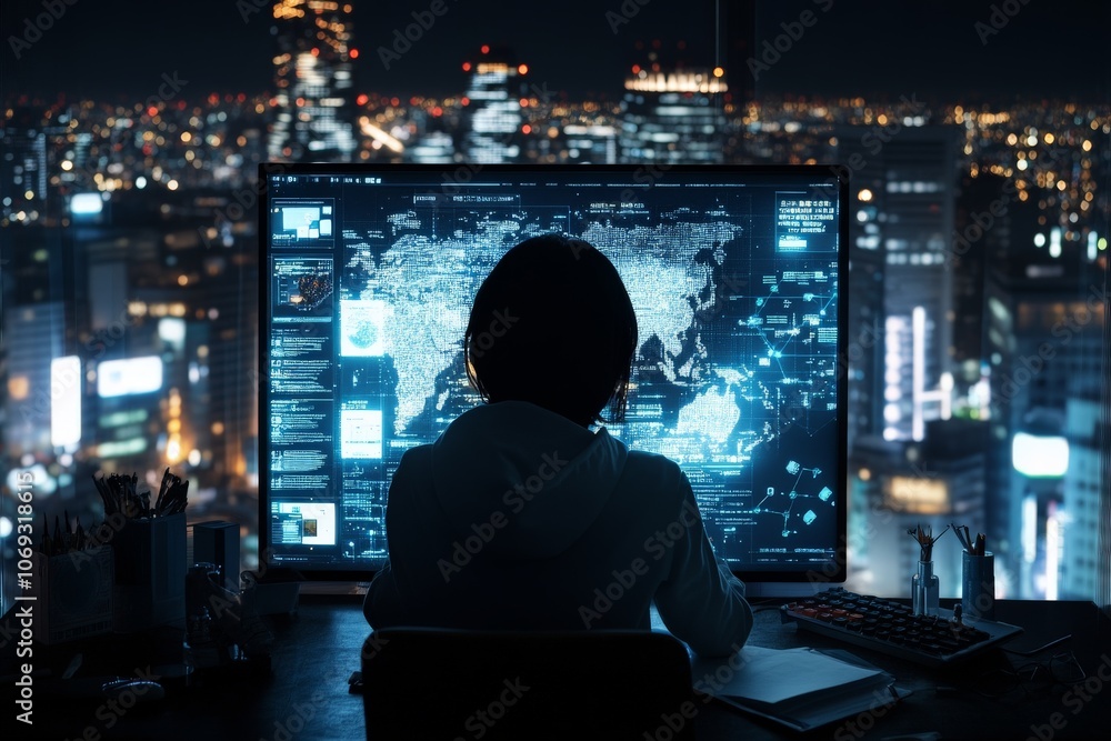 Aufkleber a silhouette of a person sits before a large screen displaying global data at night, emphasizing ana