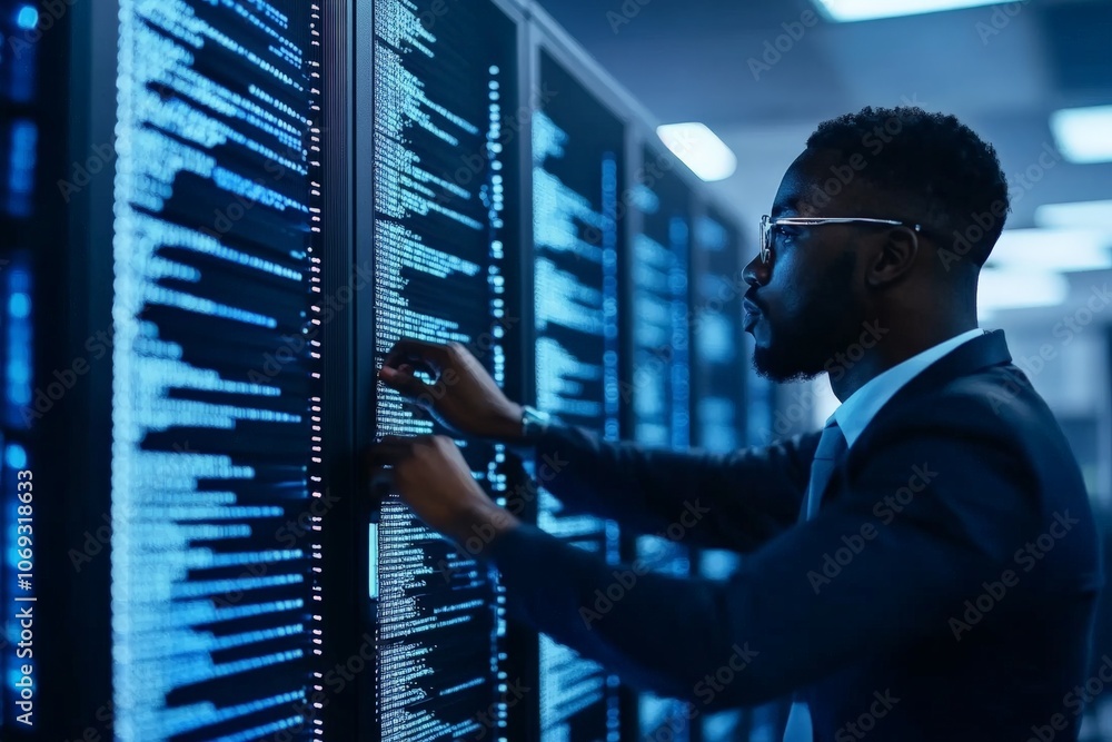 Poster a technician in a server room examines digital data displays, representing the vital role of it prof