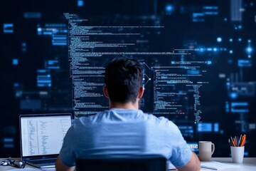 A back view of a coder working intently on a programming task, emphasizing technical skills and concentration, showcasing a dynamic digital workspace environment.