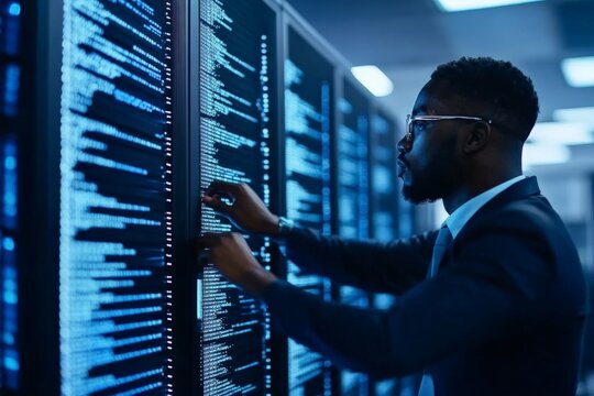 A technician in a server room examines digital data displays, representing the vital role of IT professionals in maintaining computer networks and data security.