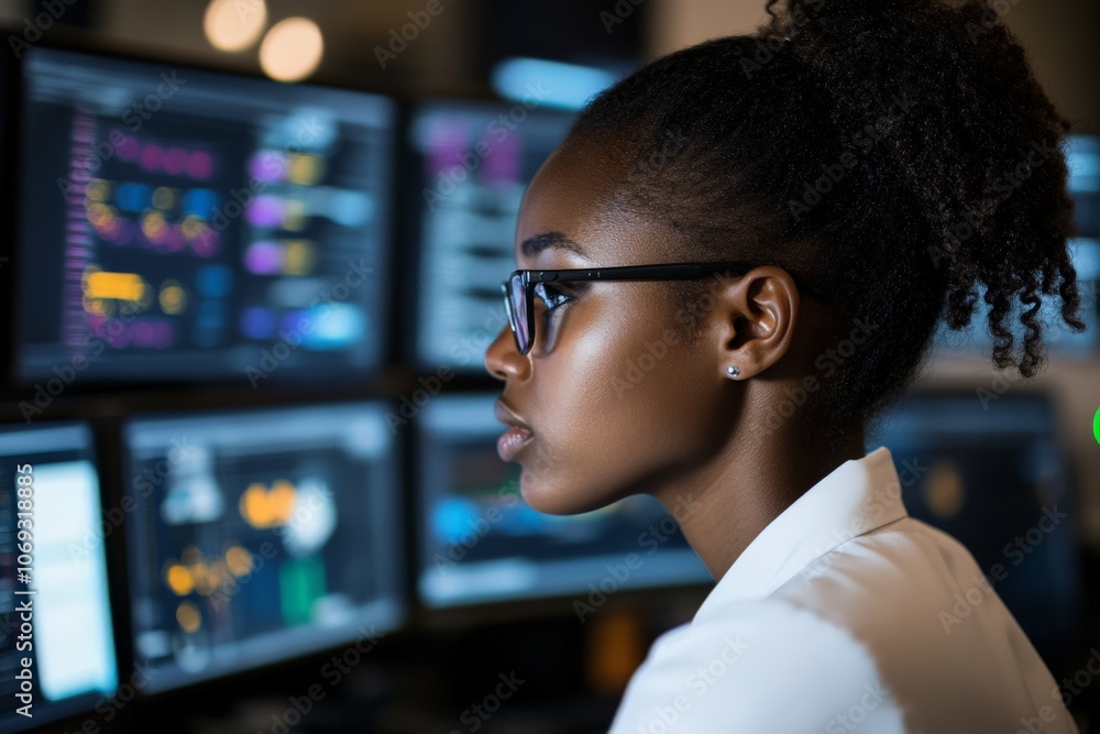 Poster a professional female data analyst is engrossed in her work, analyzing complex data visualizations o