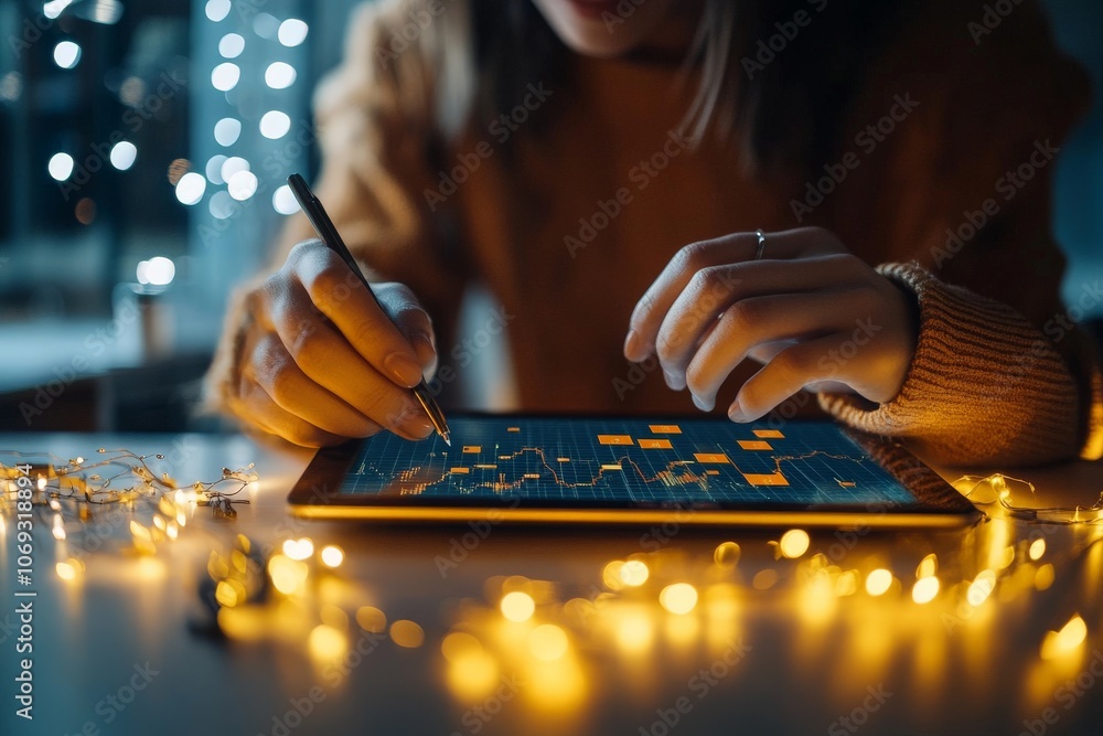 Poster a person uses a stylus on a digital tablet while ambient lights create a warm, focused atmosphere. h