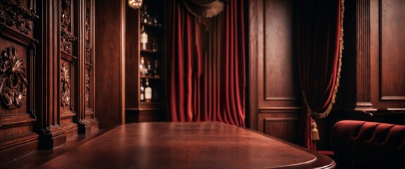 Fototapeta premium Elegant wooden bar interior with rich curtains and shelves, upscale ambience