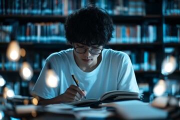 A young student intensely studying late at night in a library setting, surrounded by books and glowing lamp lights, focused on writing notes.