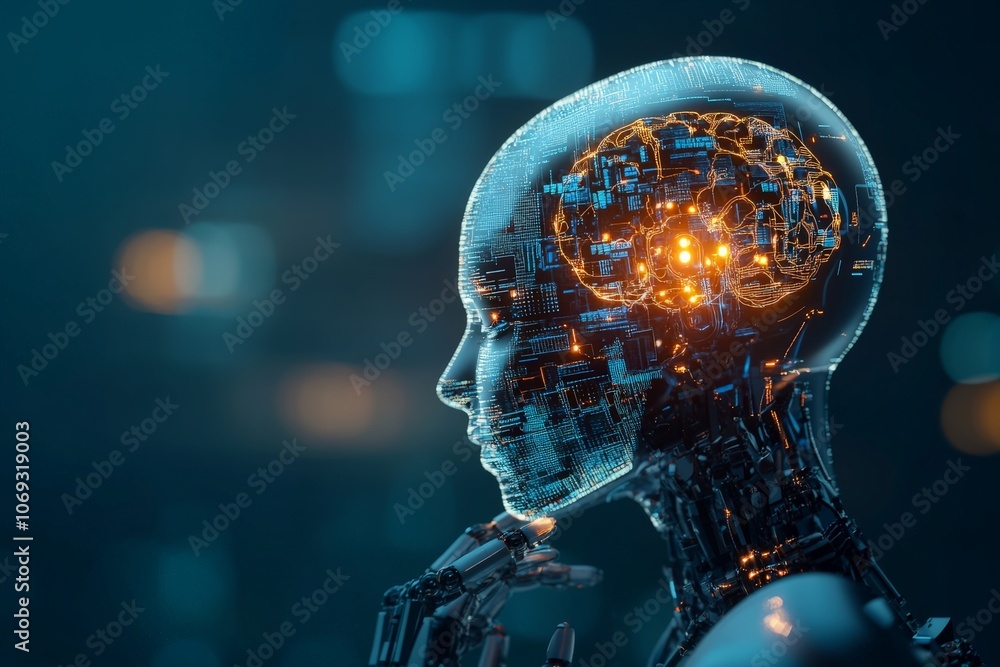 Poster a robotic head with an illuminated brain showcasing complex circuitry, representing the convergence 